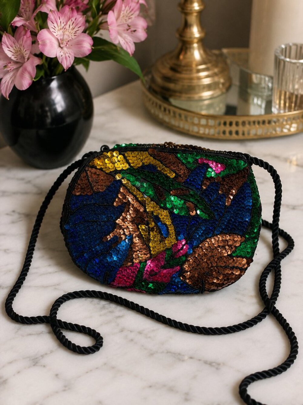 Vintage Sequin Crossbody Purse Colorful Tropical Leaf Beaded Evening Bag 90s
